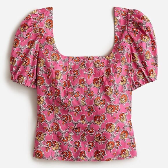J Crew Collection Puff-sleeve Squareneck Top in Ratti® Pink Blooms Print NWT - Picture 1 of 11